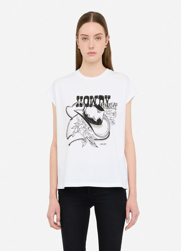 T-shirt con stampa e strass