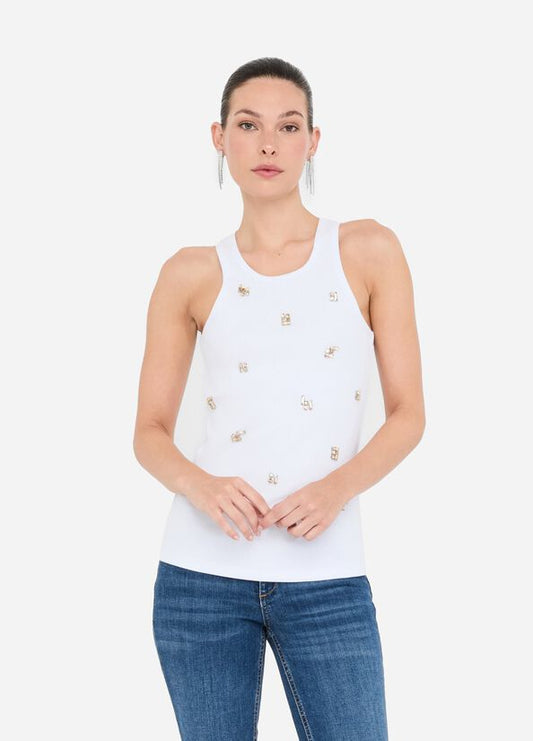 Top con applicazioni gioiello