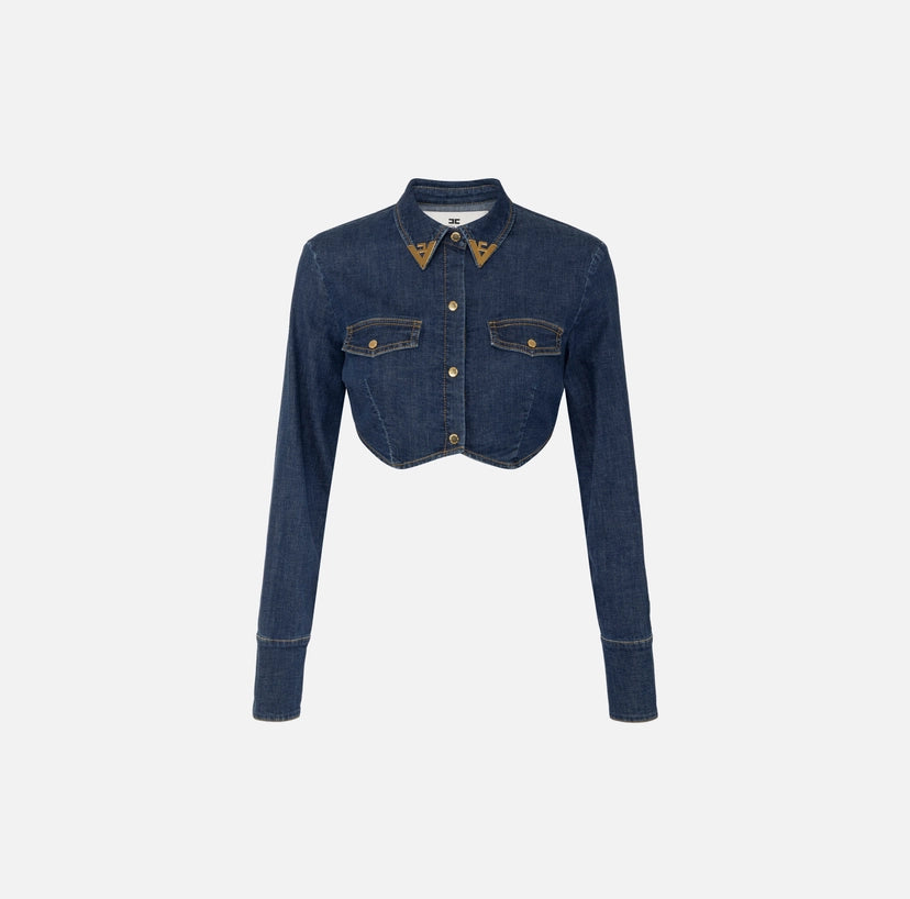 Camicia cropped in denim con dettagli logo