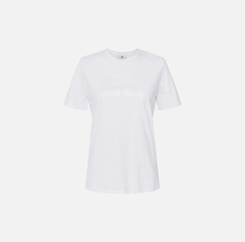 T-shirt in jersey con logo ricamato e strass