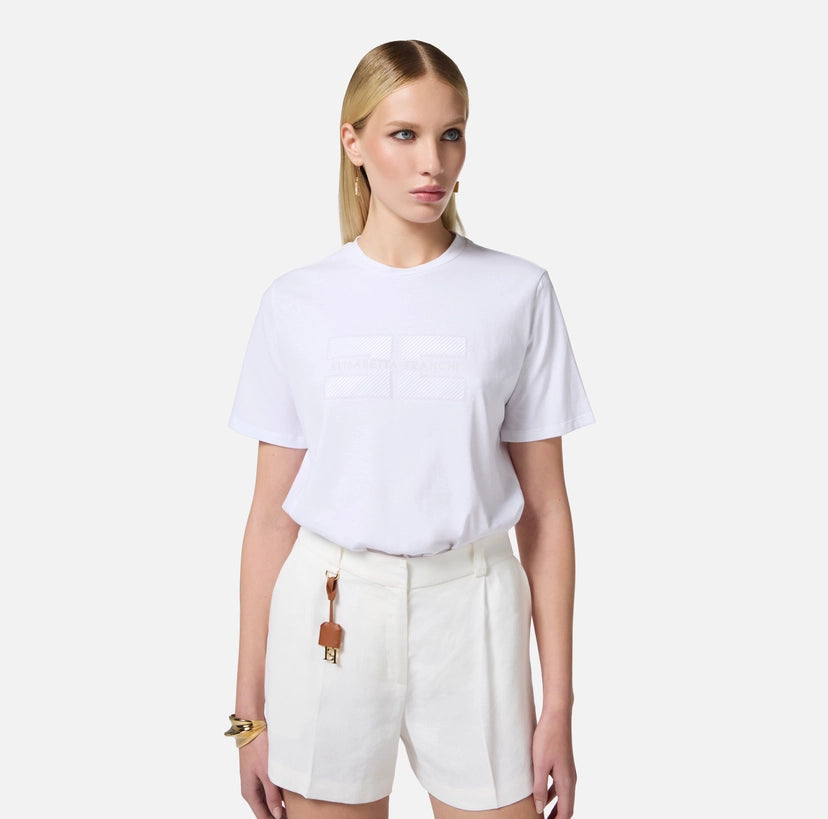 T-shirt in jersey con logo ricamato e strass
