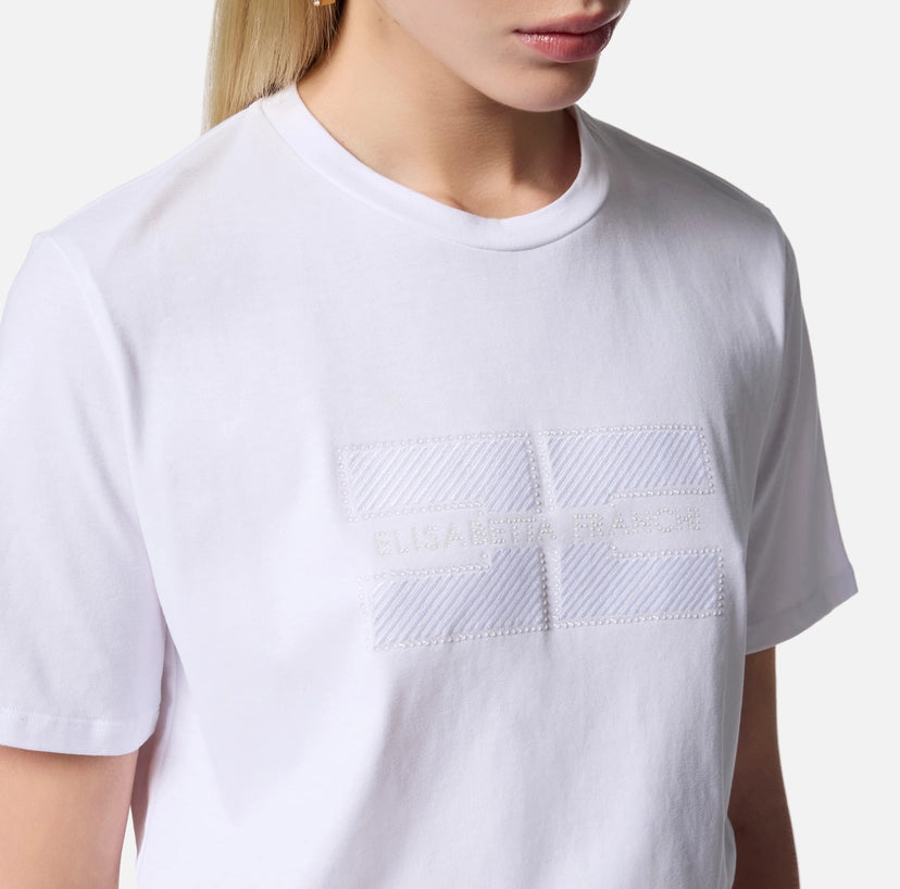 T-shirt in jersey con logo ricamato e strass