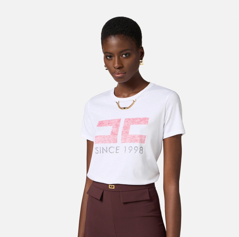 T-shirt in jersey con stampa e catenella