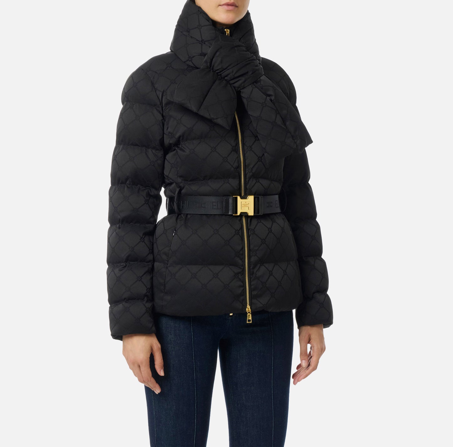 Piumino in tessuto vela jacquard con cintura