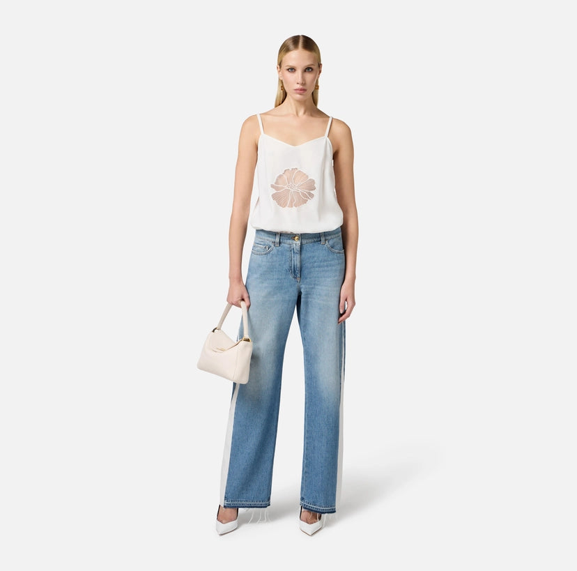 Tuta trompe-l'oeil in crêpe e denim