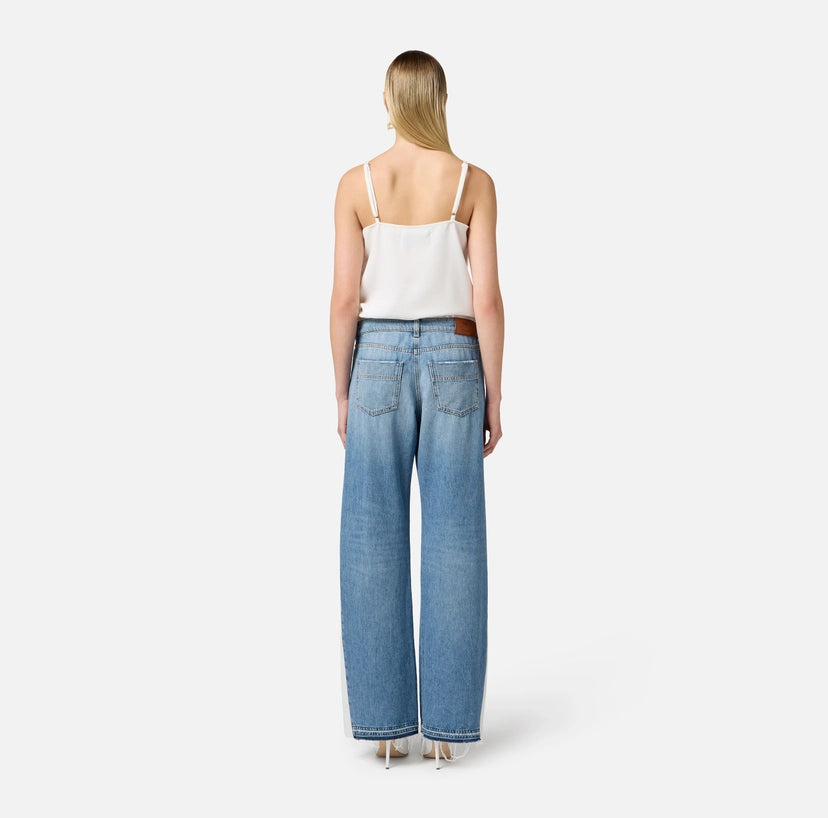 Tuta trompe-l'oeil in crêpe e denim