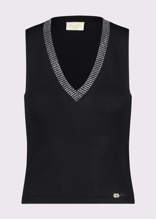 Top nero da donna in maglia con strass