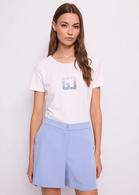 T-shirt azzurra da donna con logo e strass