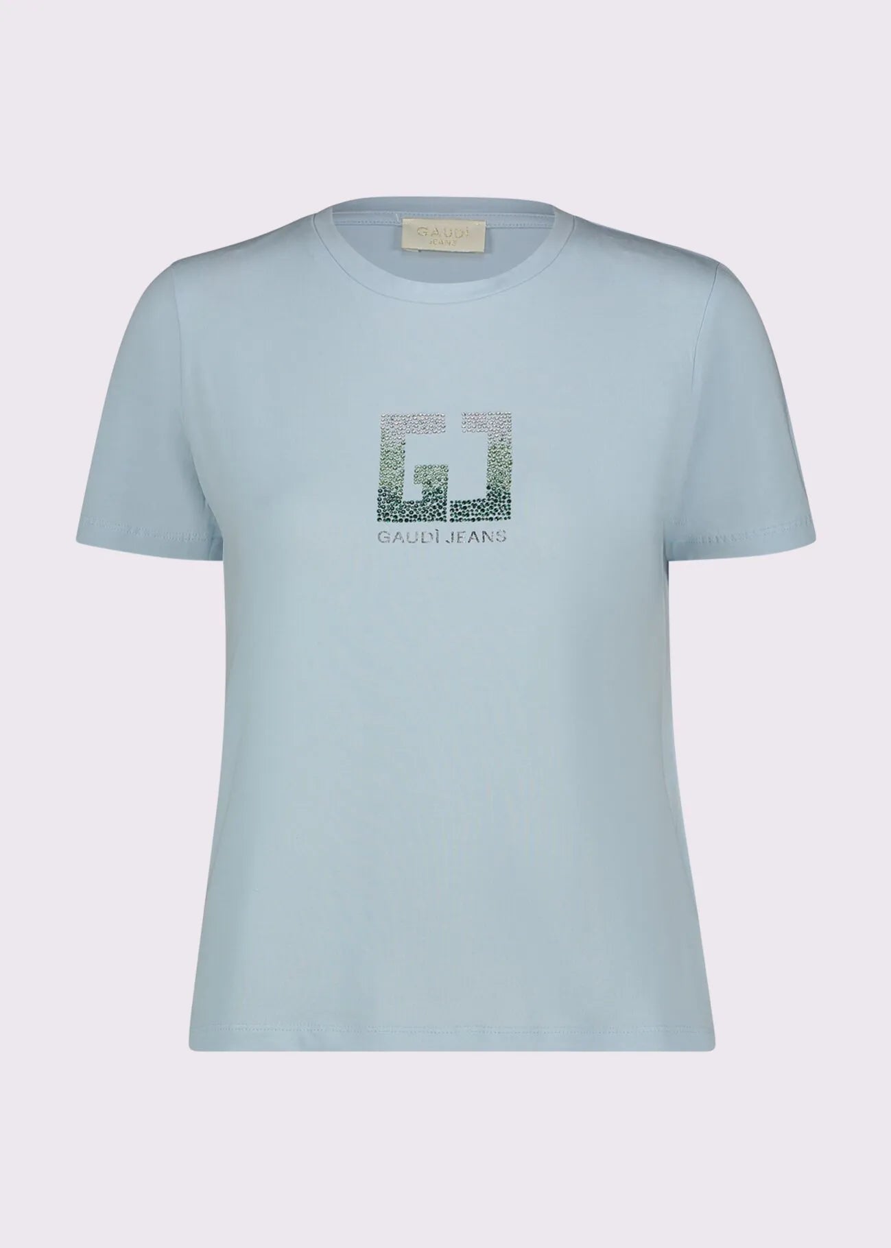 T-shirt azzurra da donna con logo e strass