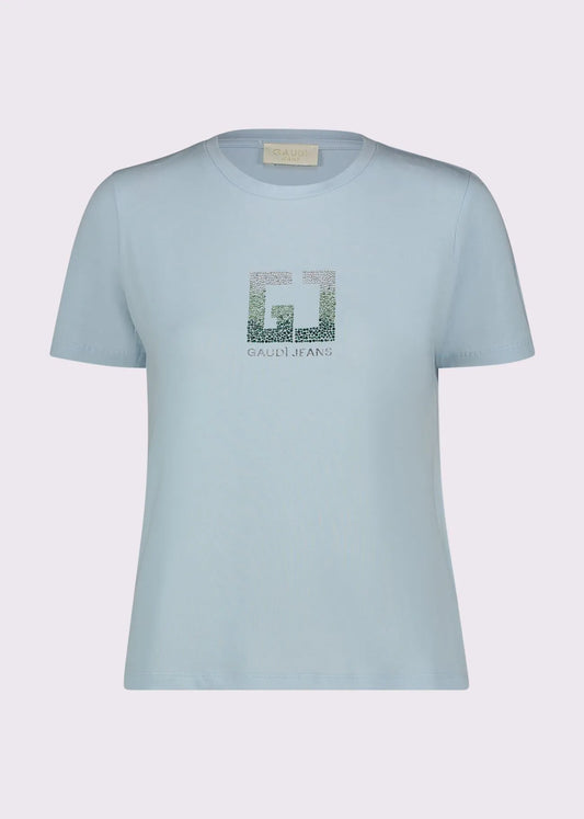 T-shirt azzurra da donna con logo e strass