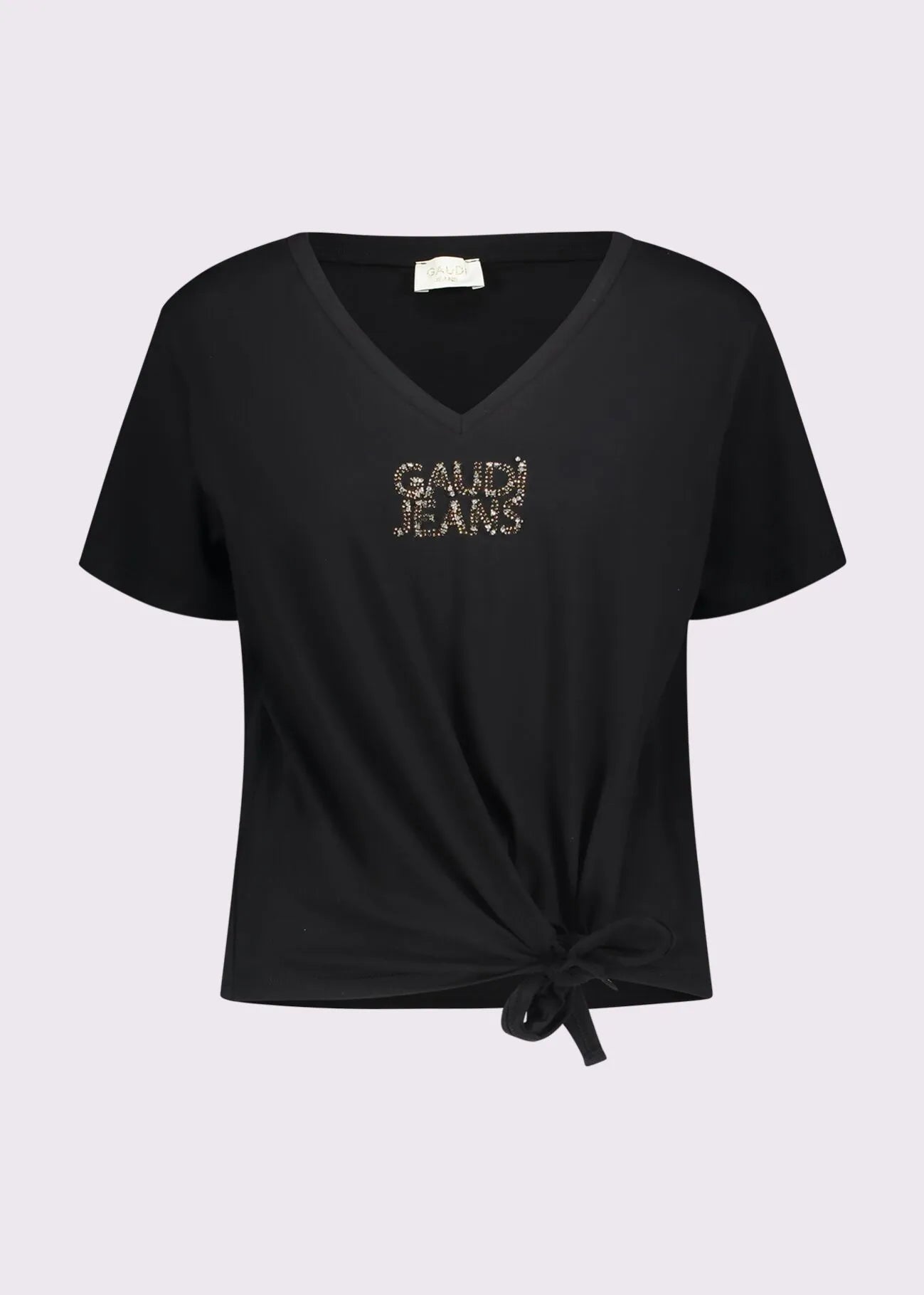 T-shirt nera da donna con scollo a V e nodo