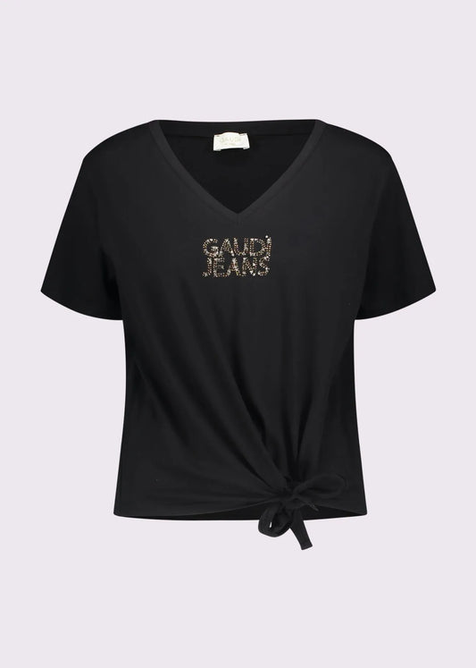 T-shirt nera da donna con scollo a V e nodo