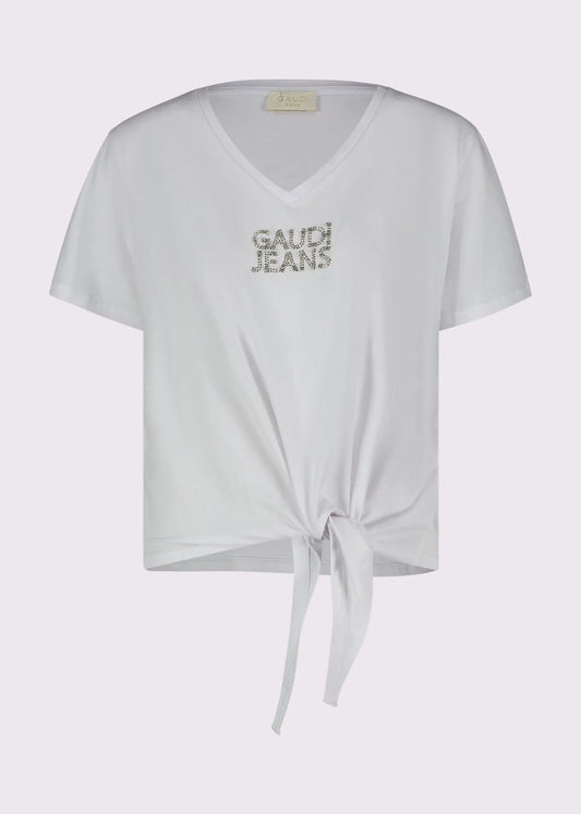 T-shirt nera da donna con scollo a V e nodo