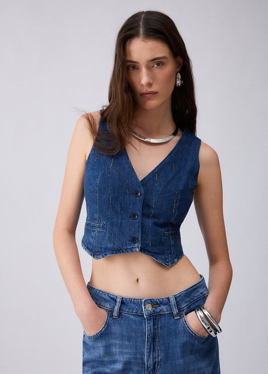 Gilet in denim con strass