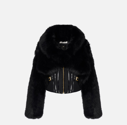 Giubbotto con effetto pelliccia e doppio crêpe