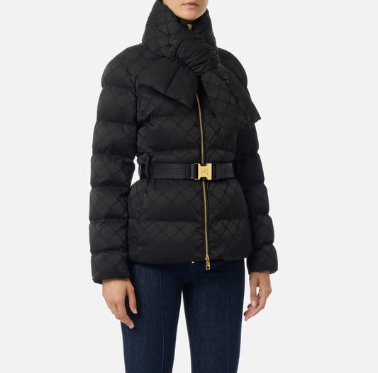 Piumino in tessuto vela jacquard con cintura