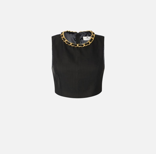 Top in misto lino con catena gioiello