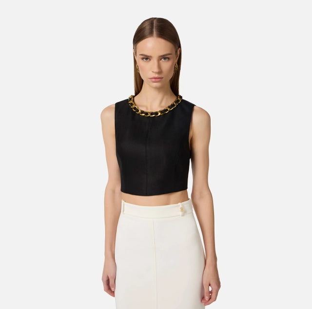Top in misto lino con catena gioiello